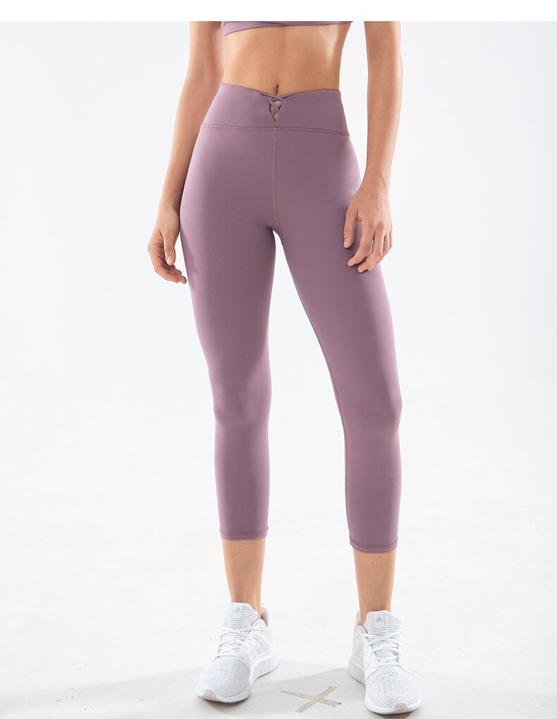 Women Athletic Cross Lace Up High Waist Capri Yoga Pants Gym Fitness Workout Running Leggings